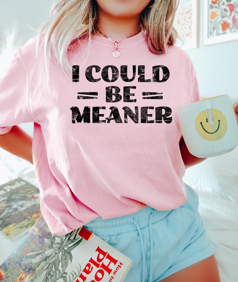 May include: A pink t-shirt with the text "I could = be = meaner" in black distressed lettering.