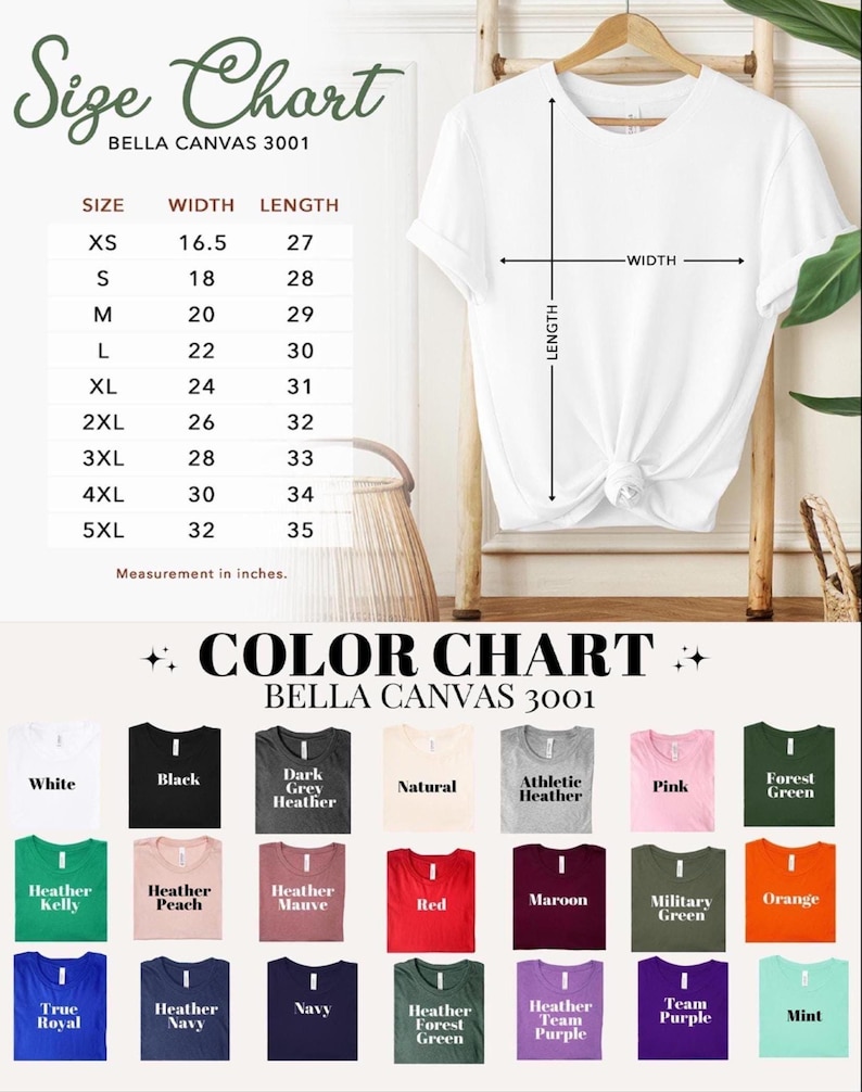 K&ouml;nnte beinhalten: Wei&szlig;es T-Shirt an einem Holzb&uuml;gel, mit einer Gr&ouml;&szlig;entabelle und einer Farbtabelle darunter. Die Gr&ouml;&szlig;entabelle zeigt Ma&szlig;e in Zoll f&uuml;r die Gr&ouml;&szlig;en XS bis 5XL. Die Farbtabelle zeigt verschiedene T-Shirt-Farben.