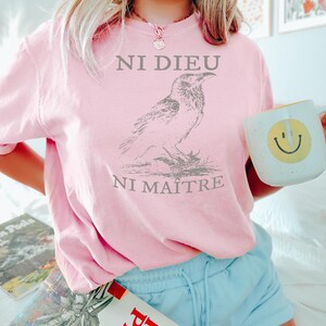 May include: Pink t-shirt with a black and white illustration of a crow and the text "Ni Dieu Ni Maitre".