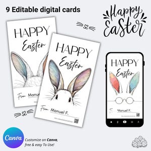 Tarjetas de felicitación digital editables de conejito de Pascua para niños: 9 plantillas personalizadas para compartir por WhatsApp y descargar al instante.