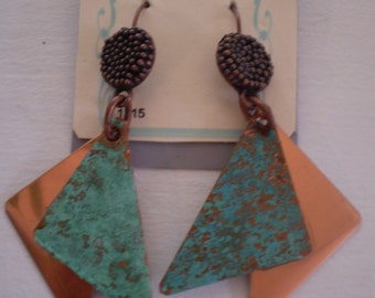 one of a kind- copper and Turq. patina metal dangle earrings