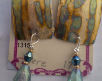 Varigated Brass Earrings w crystal drop. Post or dangle-one of a kind-Handmade