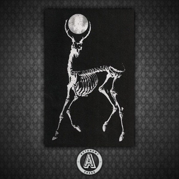 Skeletal Deer Moon - Black Canvas Patch