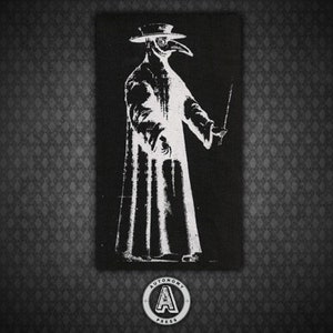 May include: Black and white illustration of a person wearing a plague doctor costume with a long beak mask and a hat. The person is holding a long stick in their right hand. The image is on a black background.