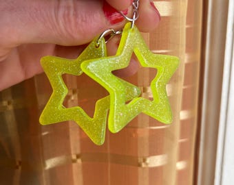 UV Yellow Glitter Star Earrings: Neon Resin Dangle Earrings