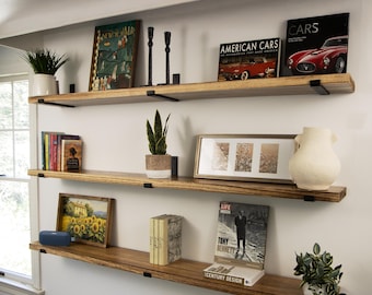 48-60-72 inch Long, 9.25 inch Deep Solid Wood Floating Shelf with Heavy Duty Metal Brackets, Rustic Wall Shelves for Home Decor and Storage