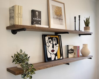 Long Floating Shelf 48 60 72 Inch, Rustic Wood Wall Shelf, Industrial Pipe Shelf, Wall Mounted Shelves for Living Room Kitchen Bedroom Decor