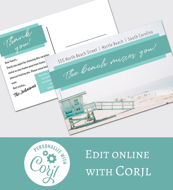 Greetings From Postcard VRBO Airbnb Guest Postcard Template Vacation Rental Home EditablePrintable Corjl File Beach Rental Theme