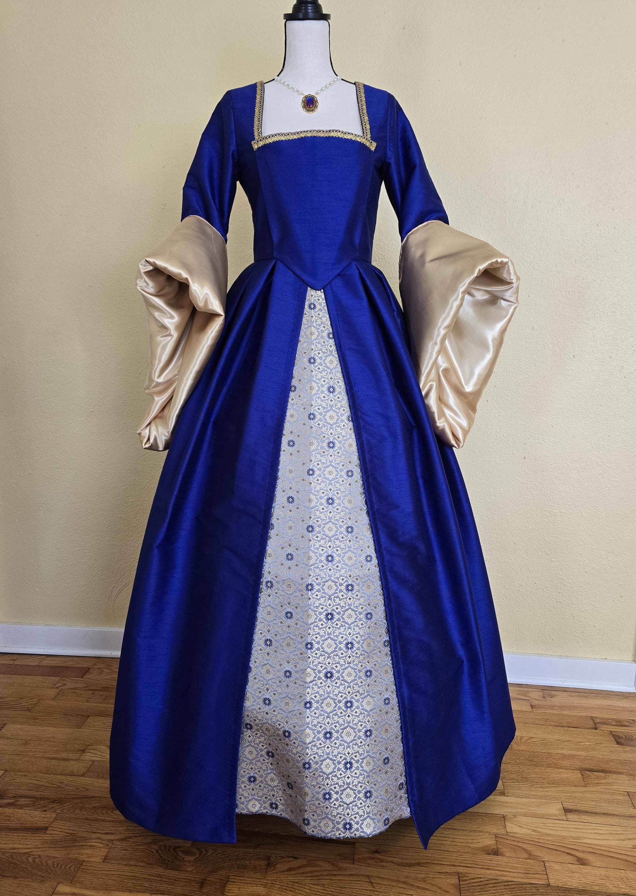 blue tudor dress Renaissance Gown in and Gold Custom Made anne boleyn tudor dress