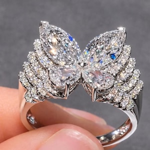Lab Grown Diamond Designer Ring Butterfly Diamond Ring, Marquise & Pear Cut Diamond Engagement Ring, Party Wear Ring 10k 14k 18k Gold Ring
