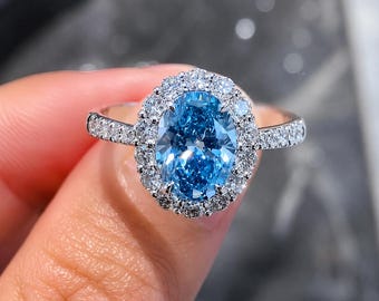 2 Carat Oval cut Lab Grown Blue Diamond Ring Pink Solitaire  Engagement Ring Wedding Gift Gold Ring For Women\Girl Anniversary Gift For Wife