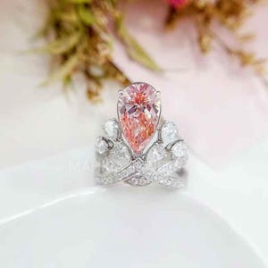3 Carat Pear Pink Diamond Engagement Ring Lab Grown Split Shank Double Halo Diamond Engagement Ring Yellow, rose, White Gold Wedding Ring