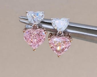 Pink Heart labgrown diamonds Earrings | Dainty Heart Drop Earrings | Sparkling Halo Earrings | Gift for Her Elegant Drop Earrings For Her