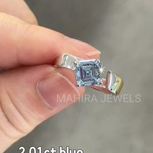 2 Ct Asscher Cut Lab Grown Blue Diamond Ring Blue Solitaire Engagement Ring Wedding Gift Gold Ring For Women\Girl Anniversary Gift For Wife