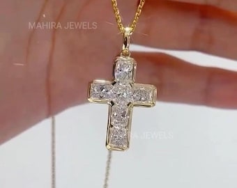 Colgante de cruz con diamante cultivado en laboratorio de 4 quilates, colgante de cruz de oro con diamante radiante auténtico, cruz católica, colgante de hip hop con diamante, regalo para él.