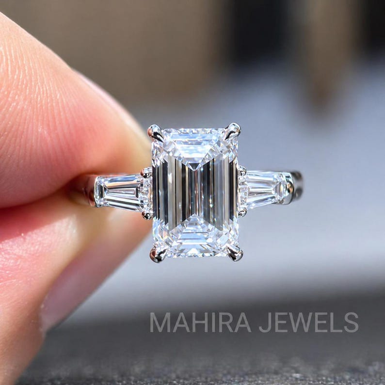 3 Ct Emerald Diamond Engagement Ring With Tapered Baguette Side Stones ...