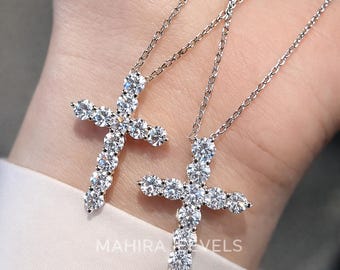 Colgante de cruz de diamantes, oro, cruz de diamantes genuinos, cruz de diamantes redonda, cruz católica, collar de diamantes, hip hop, colgante de diamantes cultivados en laboratorio
