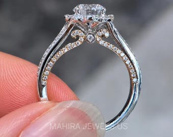 Anillo de compromiso de 1 ct con diamante redondo cultivado en laboratorio con certificación IGI, anillo de diamantes en racimo de flores, anillo de diamantes con diamante CVD, anillo de diamantes para aniversario de bodas