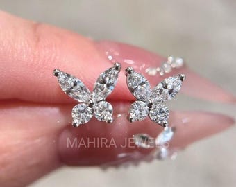 Marquise and Round Diamond Butterfly Stud Earrings, Lab Grown Diamond Earrings, Diamond Studs for Her, Anniversary Gifts, Earrings for Gift