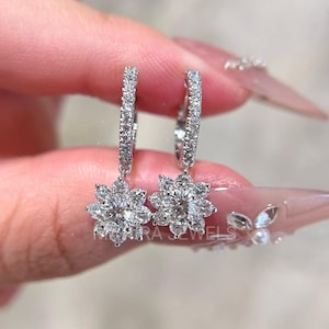 Diamond Cluster Small Sun Huggee in 18K White Gold, Tiny Hoop Earrings, Minimalist Fine Jewelry For Women, Dainty Wedding Gift For Sister