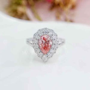 1 Carat Pear Pink Diamond Engagement Ring Lab Grown Split Shank Double Halo Diamond Engagement Ring Yellow, rose, White Gold Wedding Ring