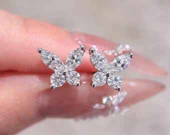 Marquise and Round Diamond Butterfly Stud Earrings, Lab Grown Diamond Earrings, Diamond Studs for Her, Anniversary Gifts, Earrings for Gift