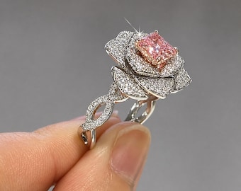 High Jewelry Pink Cushion Diamond Wedding Ring, Lab Grown Pink Diamond Ring, Pink Diamond Bridal Ring Gift Gold Ring For Anniversary Gift