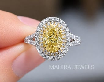 Anillo con halo de diamantes amarillos cultivados en laboratorio, anillo de compromiso con diamantes amarillos ovalados de fantasía, banda de diamantes pavé, anillo nupcial de lujo con diamantes amarillos CVD