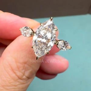 Lab Grown Diamond Three Stone Ring 3 Carat Marquise Cut Diamond Engagement Ring, Side Marquise Cut Diamond, Anniversary Gift, Ring for Women