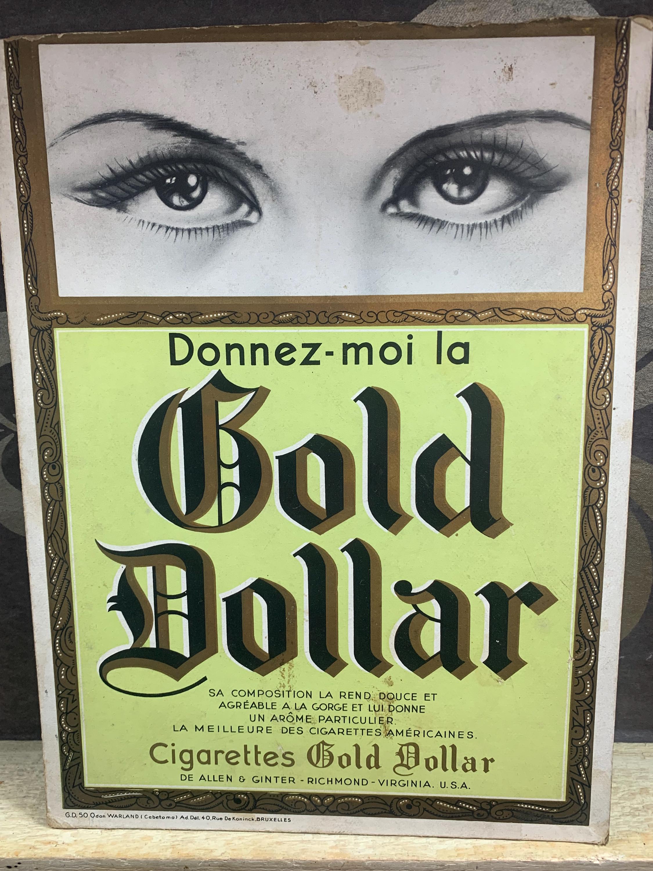 Vintage Cigarettes Gold Dollar Advertising Sign – Allen & Ginter – Ca. 1950  – Rare American Cigarette Advertisement