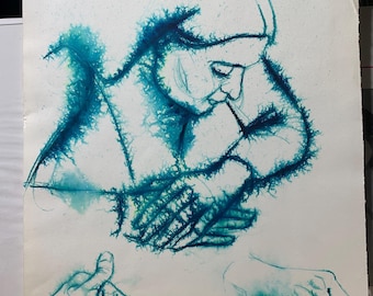 Originale figurative Zeichnung – ausdrucksstarke Studie von Händen und Figur – Tusche-Aquarell – modernes Kunstwerk – einzigartiges Original