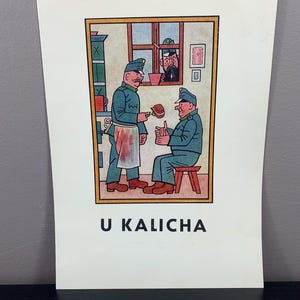 Vintage menukaart “U Kalicha” – Tsjechisch restaurant Praag – illustratie soldaten – Frans menu