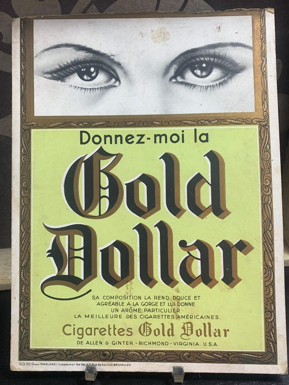 Vintage Cigarettes Gold Dollar Advertising Sign – Allen & Ginter – Ca. 1950  – Rare American Cigarette Advertisement