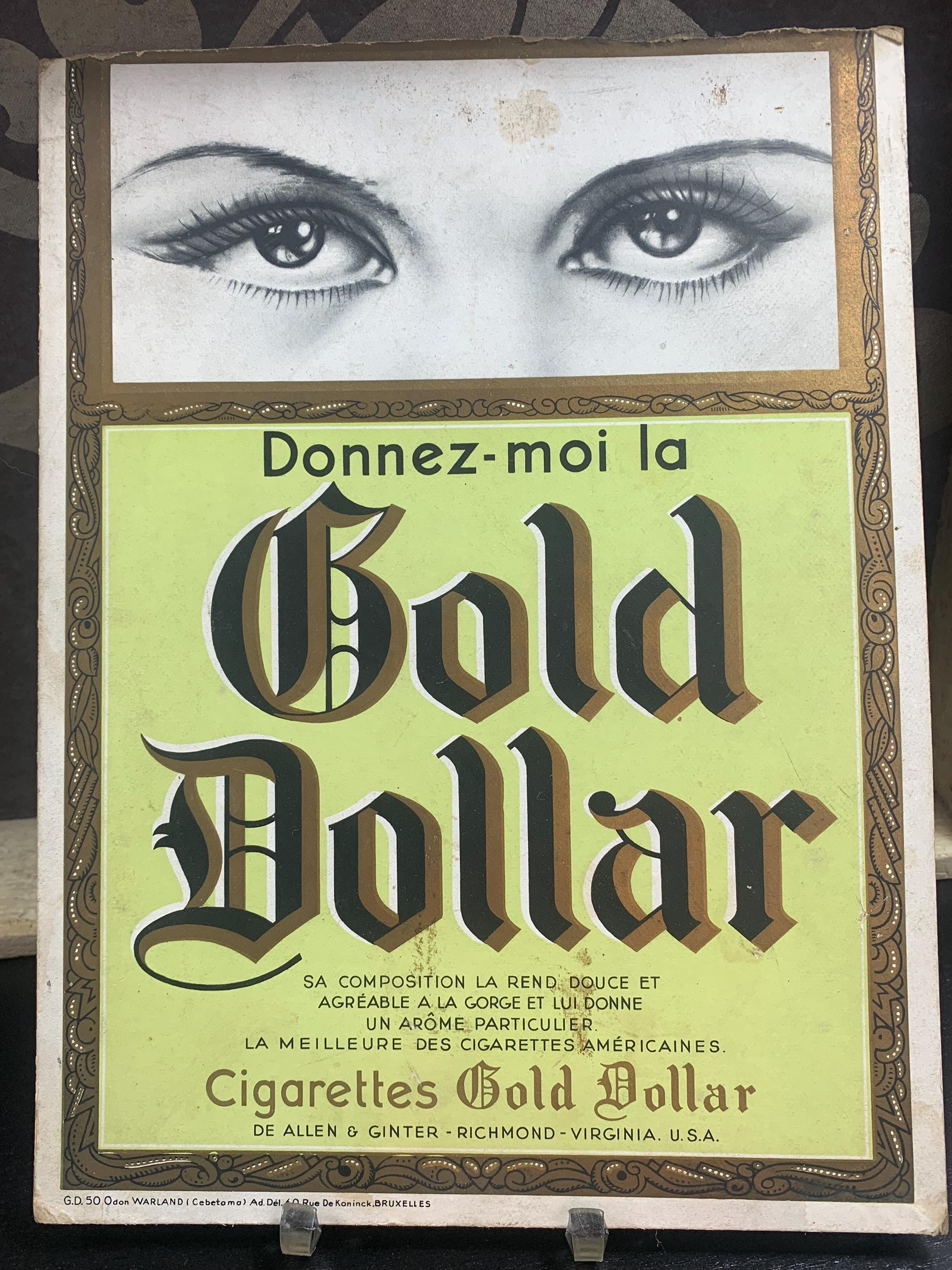 Vintage Cigarettes Gold Dollar Advertising Sign – Allen & Ginter – Ca. 1950  – Rare American Cigarette Advertisement