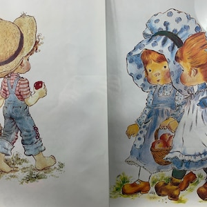 Lot de 2 affiches vintage originales authentiques / style Sarah Kay – Garçon au chapeau de paille - filles aux pommes / style campagnard / nostalgie