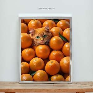 Ginger Cat Poster: Digital Pet Print-Cat hiding in Oranges, pet art, printable wall art, Kitchen decor, Cat lover gift, funny, food art.