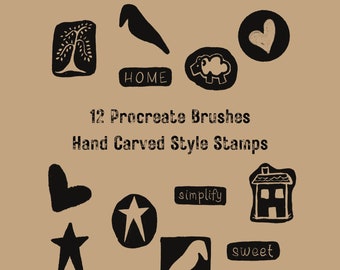 Procreate Brushes - 12 Hand Carved Stamp Primitive Style Brushes