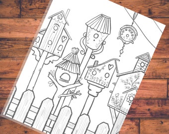 Cute Birdhouses - 1 Page - 8.5 x 11" .pdf Download - Hand Drawn Art