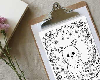Spring Bunny with Florals, Vines, Mushrooms, and Strawberries Coloring Page - 1 Page - 8.5 x 11" .pdf Download - Hand Drawn Art