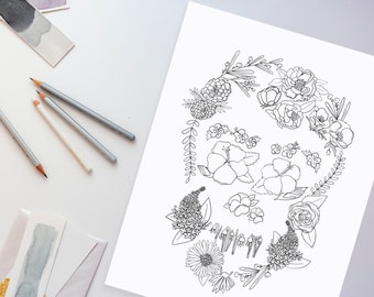 Human Skull Made of Flowers - Coloring Page - 1 Page - 8.5 x 11" .pdf Download - Hand Drawn Art