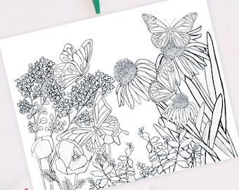 Butterflies, Cone Flowers, Mint,  Poppies, and Butterfly Bush Flowers - Coloring Page - 1 Page - 8.5 x 11" .pdf Download - Hand Drawn Art