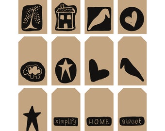 Primitive Digital Tags - Hand Carved Style Stamps - 12 images - two sizes included