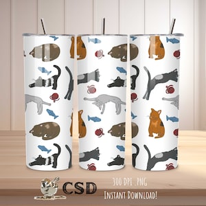 Lazy Cats 20 oz Sublimation Tumbler Wrap 300 DPI PNG Cute Kitty Neko Verspielte Farbige Version