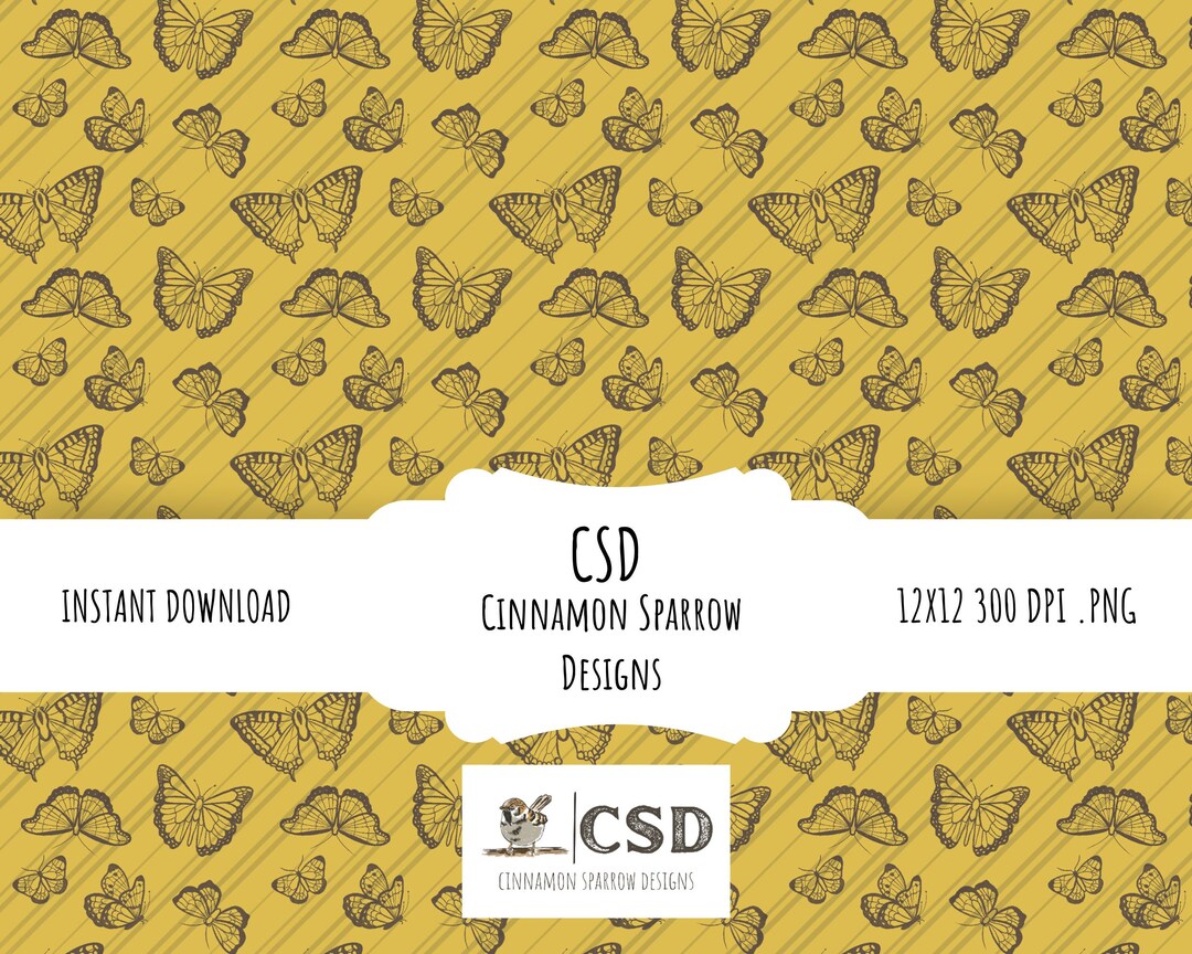 Butterfly Seamless Pattern Hand Drawn Digital File 12x12 300 DPI .PNG ...