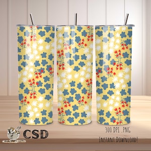 May include: Three yellow and blue patterned stainless steel tumblers with red flowers. 300 DPI .PNG INSTANT DOWNLOAD!