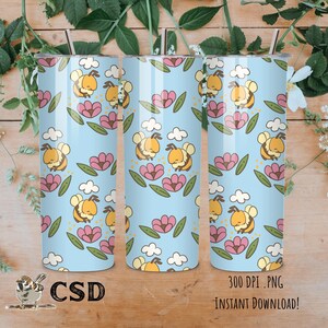 May include: A sublimation design featuring a pattern of bees and flowers on a light blue background. This design is perfect for creating custom tumblers, mugs, or other items.