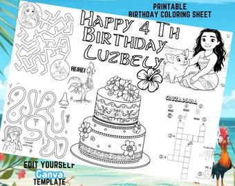 Moana Birthday Coloring Page, Personalized Party Activity (Digital Download)