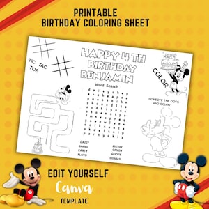 Mickey Activity Coloring Page, Mickey Mouse Birthday Party Favors, Mickey Party Supplies, Mickey Coloring Page, Personalized Coloring Page