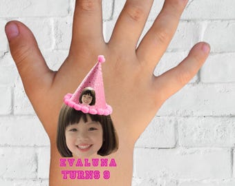 Custom Face Birthday Party Tattoo, Party Hat, Personalized Name & Age