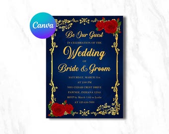 Beauty and the Beast Invitation Card | Gold Frame & Roses | Editable Canva Template | Digital Download